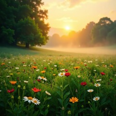Obraz premium Misty dawn breaks over a lush green meadow with wildflowers swaying gently in the morning light, wildflowers, sunrise