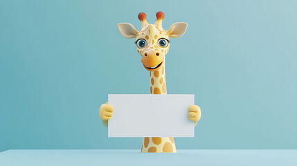 A cheerful cartoon giraffe holds a blank sign against a light blue background.