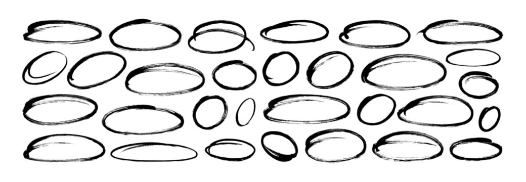 Ellipses, circles and ovals in doodle style drawn with a brush or pencil. Highlight oval frames, vector geometric round shapes to circle and highlight text. Bubbles for hand drawn diagrams and notes.
