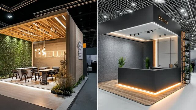Innovative exhibition booth designs showcasing modern architecture and creative interiors in a spacious setting
