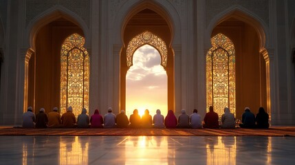 Group prayer gathering in mosque at sunset - spirituality and community.
