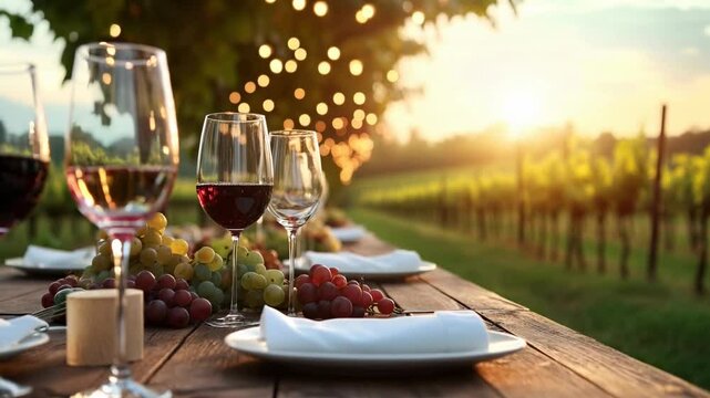 Wine glasses and grapes on wooden table with string lights at vineyard sunset. Wine tourism, restaurants, romantic events marketing