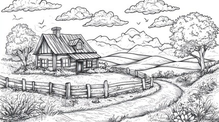 Fototapeta premium Rustic cabin, country road, rolling hills, coloring page, idyllic scene