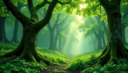 Moss-covered trees with emerald foliage under a serene sky, atmosphere, foliage, greenery