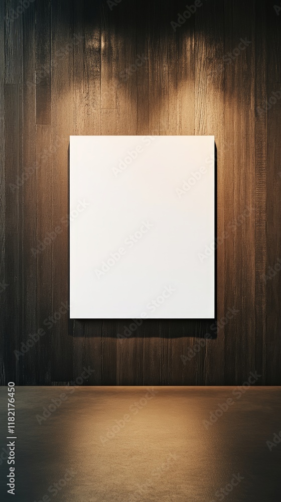 Poster white blank canvas hanging on wooden wall in gallery interior illuminated by spotlights creating moc