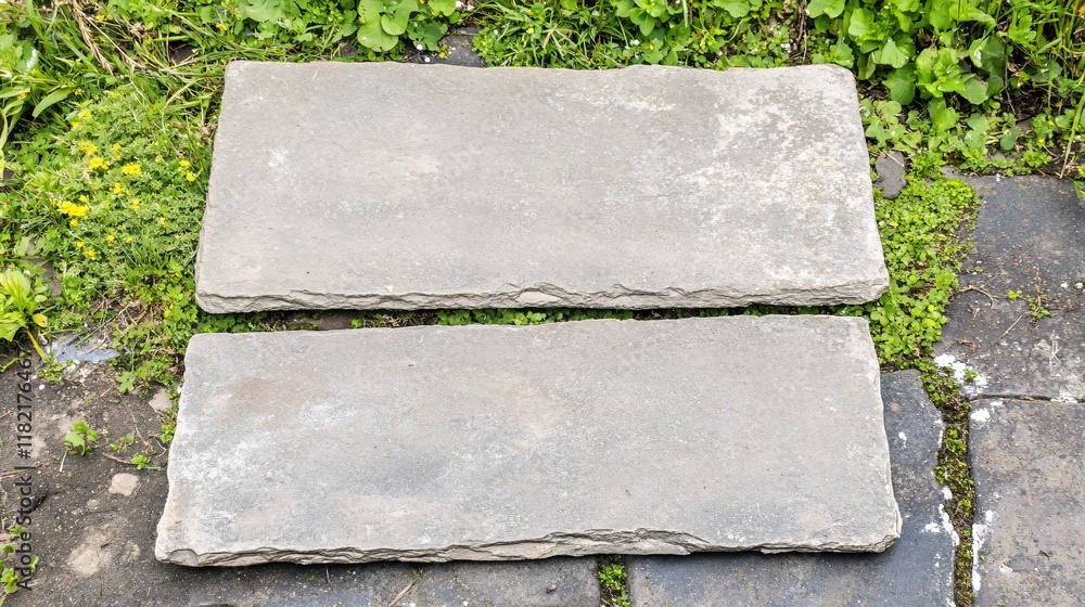 Aufkleber flat gray stone slabs on grass with uneven edges and rustic appearance