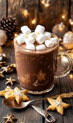 Fototapeta premium Hot chocolate with marshmallows, star cookies, and festive lights on a rustic wooden table.