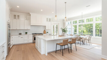 Modern kitchen with white cabinets, large island, and natural light
