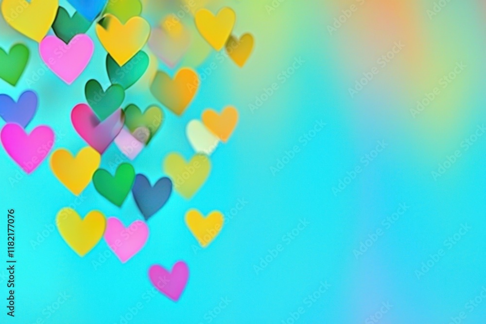 Poster a vibrant background with colorful heart shapes drifting, creating a cheerful and playful atmosphere