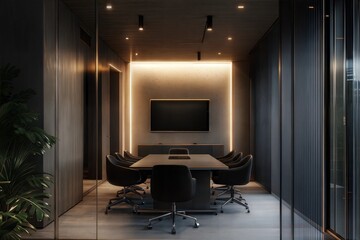 Modern Meeting Room with Sleek Black Chairs and Conference Table - 3D Rendering