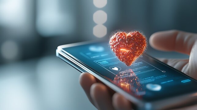 Futuristic mobile device screen displaying glowing heart shaped UI elements as digital self care reminders or wellness notifications for a modern technology driven lifestyle
