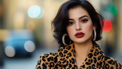 Elegant mob wife in a leopard-print coat bold animal-inspired style for high-end fashion campaigns