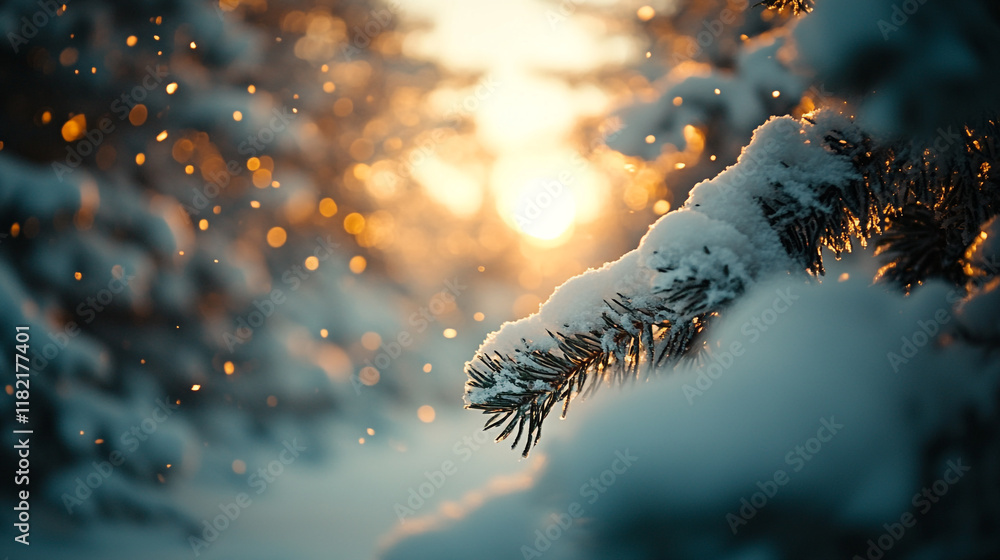 Poster serene winter scene with snow-covered trees and soft sunlight filtering through branches