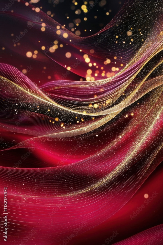 Poster a vibrant, abstract design featuring flowing red and gold waves with sparkling particles, creating a