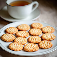 A plate of cookies sits on a table next to a cup of tea