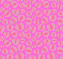 Pink lips abstract leopard print. Seamless pattern with kiss and exotic wild animal spot silhouette. Vector stock seamless pattern