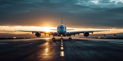 Sunset Runway Wide-Angle Composition of Airplane at Dawn, Dramatic Sky, Airport, Travel, Aviation Airplane photography, Air travel