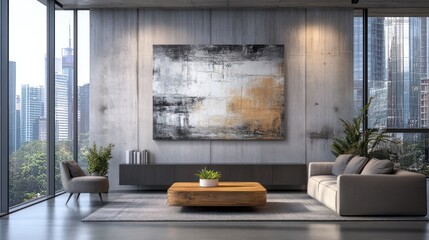 Abstract art decorates modern penthouse, city view