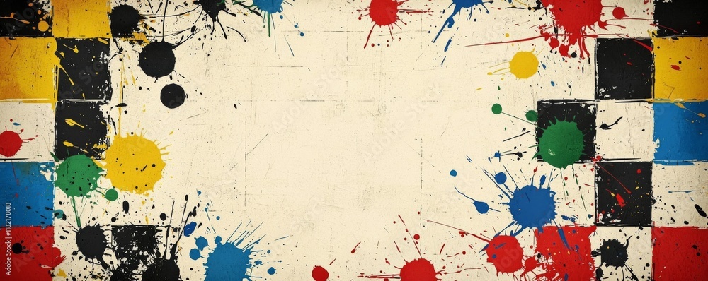 Poster a vibrant, abstract background featuring colorful paint splatters and geometric shapes, creating an 