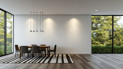 A stylish dining area with a wooden table, comfy chairs, and bright light highlights Scandinavian design