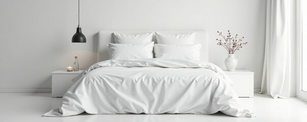 pristine white bed against stark white canvas, , peaceful ambiance, crisp sheeting