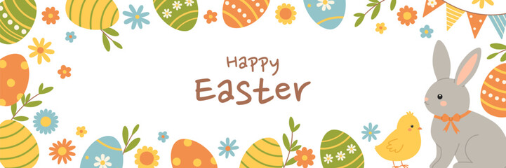 Happy Easter horizontal banner with colorful eggs, flowers, branches, rabbit and chick. Spring holiday design with cute elements in pastel colors. Vector flat illustration for poster, greeting card