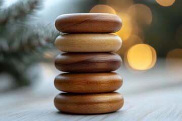 Obraz premium A stack of five wooden rings on a white wooden surface.