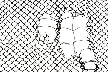 The texture of the metal mesh on a white background. Torn steel, metal mesh with holes