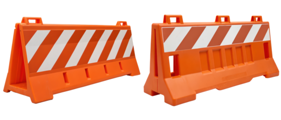 Two orange and white plastic construction barriers isolated with transparent background