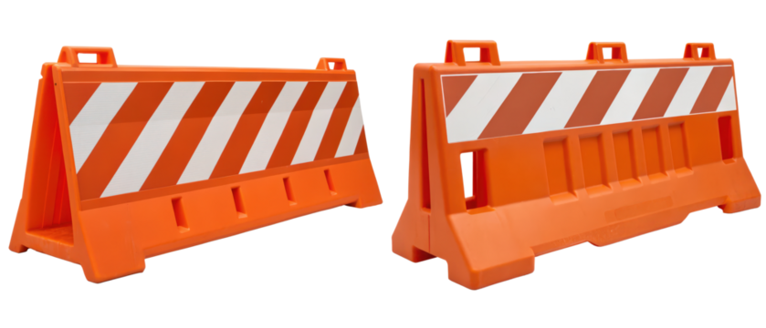 Two orange and white plastic construction barriers isolated with transparent background