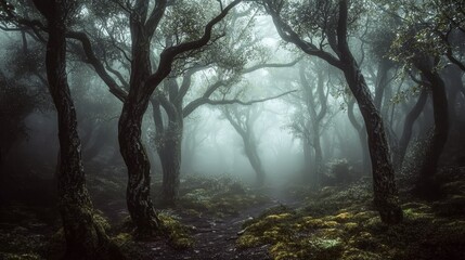 Obraz premium Misty Forest Path Digital Painting, Dark Trees, Foggy Atmosphere, Mossy Ground, Nature, Landscape Digital Art, Fantasy Art