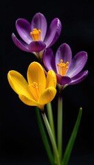 Naklejka premium Saffron-colored stamens and delicate flowers of crocus on black background, rich, pigment, saffron