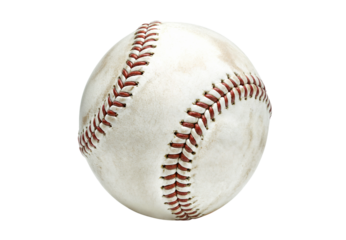 A baseball with red stitching .The ball appears to be slightly worn, with some discoloration on its surface. isolated over transparent background, PNG cut-out