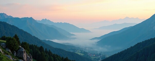 Serene landscape with misty mountains and valleys, pure, landscape, mountain