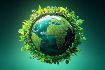 Fototapeta premium Green Earth 3D Globe Composition with Lush Foliage, Environmental Concept Go Green, Eco-Friendly