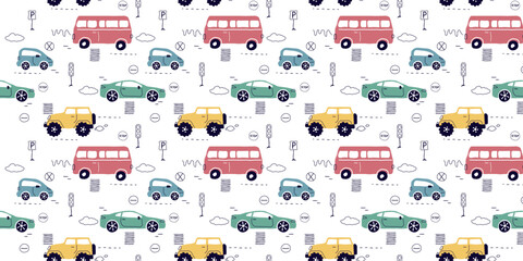 Fototapeta premium a seamless, trend pattern of cars. Transport background for children. A template with doodles of toy cars, road signs. for print, paper, banner. art vector illustration.