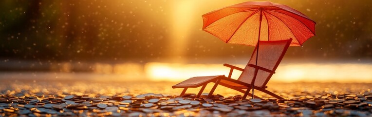 A retirement plan concept showing a beach chair and coins, symbolizing leisure after savings.