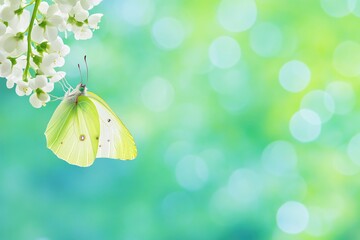 Beautiful green butterfly resting on delicate white flower with soft blurred background