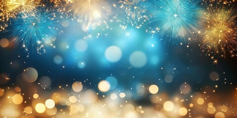Fototapeta premium Festive Fireworks and Bokeh Blue and Gold Celebration, New Year's, Party Celebration, Holiday