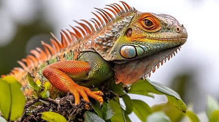 Obraz premium Vibrant Green and Orange Iguana on Lush Foliage: A Vivid Wildlife Portrait