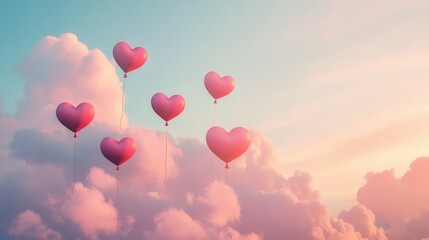 Fototapeta premium Dreamy valentine's setting with heart-shaped balloons in a cloudy sky at sunset.
