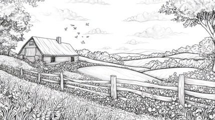 Fototapeta premium Rustic farmhouse, rolling hills, fence, birds, coloring page