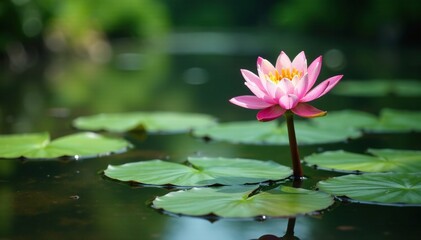 Soapwort plant growing among water lilies on river surface, growth, plants