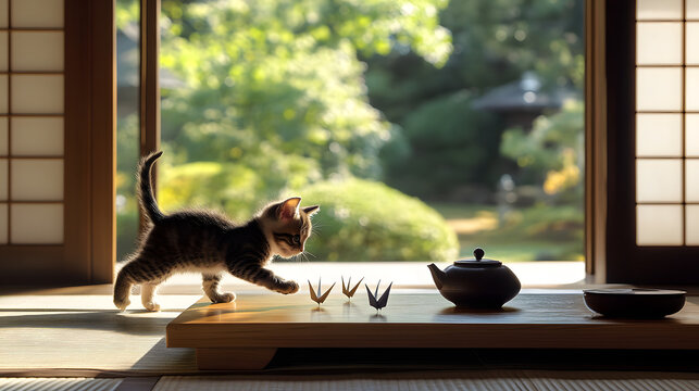 A playful kitten chasing paper cranes in a tatami room, with a low wooden table, tea set, and an open view of a peaceful garden outside 