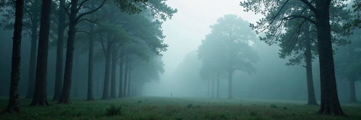 Soft fog rolling through a forest of tall trees, fog, nature