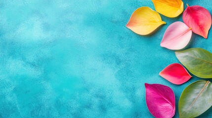 Colorful Leaves on a Bright Turquoise Background for Creative and Nature Themes