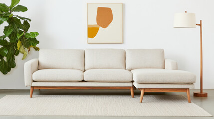 Modern sofa with light fabric and wooden legs, complemented by stylish lamp and plant, creating cozy living space
