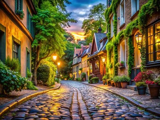 Obraz premium Quaint town: historic buildings, lush trees, and cobblestone streets, softened by bokeh.