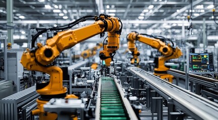 Assembly Line Robotics Industrial Automation, Yellow Robotic Arms on Conveyor Belt, Manufacturing Process, Industry 4.0. Robotics, Automation