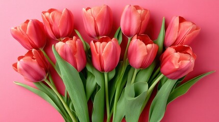 Obraz premium Beautiful Pink Tulips Arrangement on Soft Pink Background for Floral Design Projects